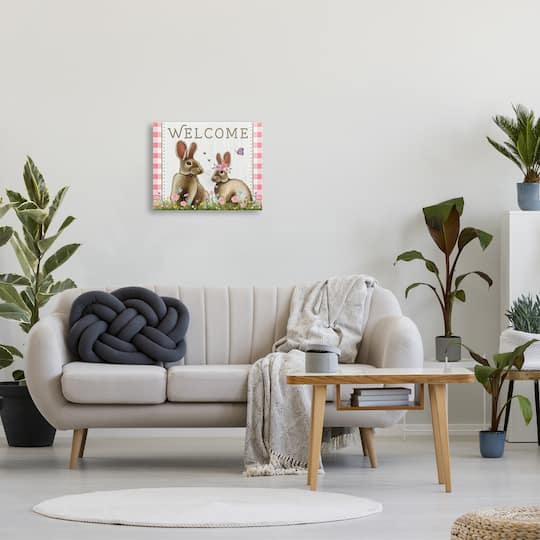 Stupell Industries Welcome Plaid Spring Garden Rabbits Canvas Wall Art